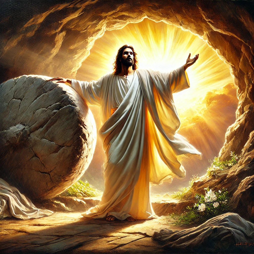 A majestic oil painting of Jesus standing outside the empty tomb, with the large round stone rolled away from the entrance. He wears a flowing white robe, arms open in divine victory, bathed in radiant golden light. The dark tomb entrance contrasts with the brilliance of the sunrise breaking through the clouds, symbolizing resurrection and hope. The painting captures a sense of divine glory and triumph in a classic oil painting style. No text or writing is present in the image.
