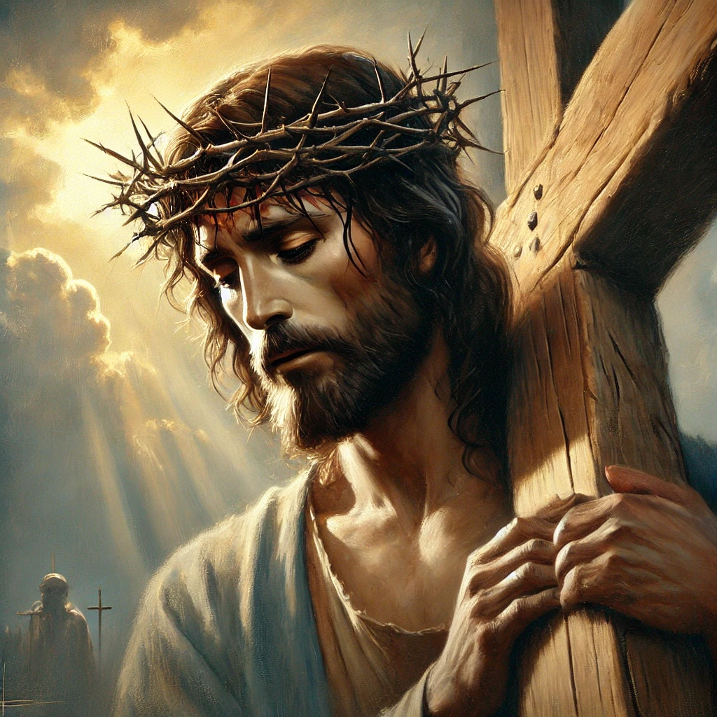 A solemn oil painting of Jesus carrying the cross, wearing a crown of thorns. His expression is calm yet determined as He walks with the wooden cross on His shoulder. Soft golden light breaks through a cloudy sky in the background, symbolizing hope and sacrifice. The painting features deep, expressive brush strokes, capturing the reverence and spiritual depth of the moment.