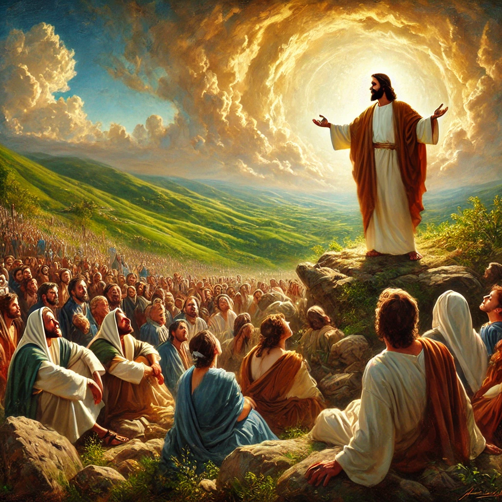 A stunning oil painting of Jesus delivering the Sermon on the Mount. He stands on a hillside, arms outstretched, preaching to a large, diverse crowd of men, women, and children. The background features rolling green hills and a radiant sky with golden light breaking through the clouds, symbolizing divine inspiration. This image beautifully represents the question, "Who is Jesus?", portraying Him as the ultimate teacher and spiritual guide