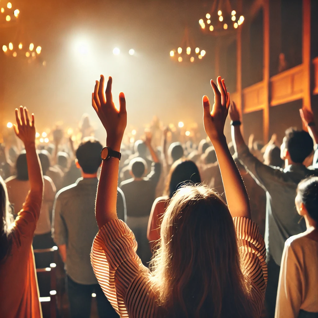 A group of people raising their hands in worship inside a church, illuminated by warm lighting, symbolizing faith, devotion, and spiritual connection.