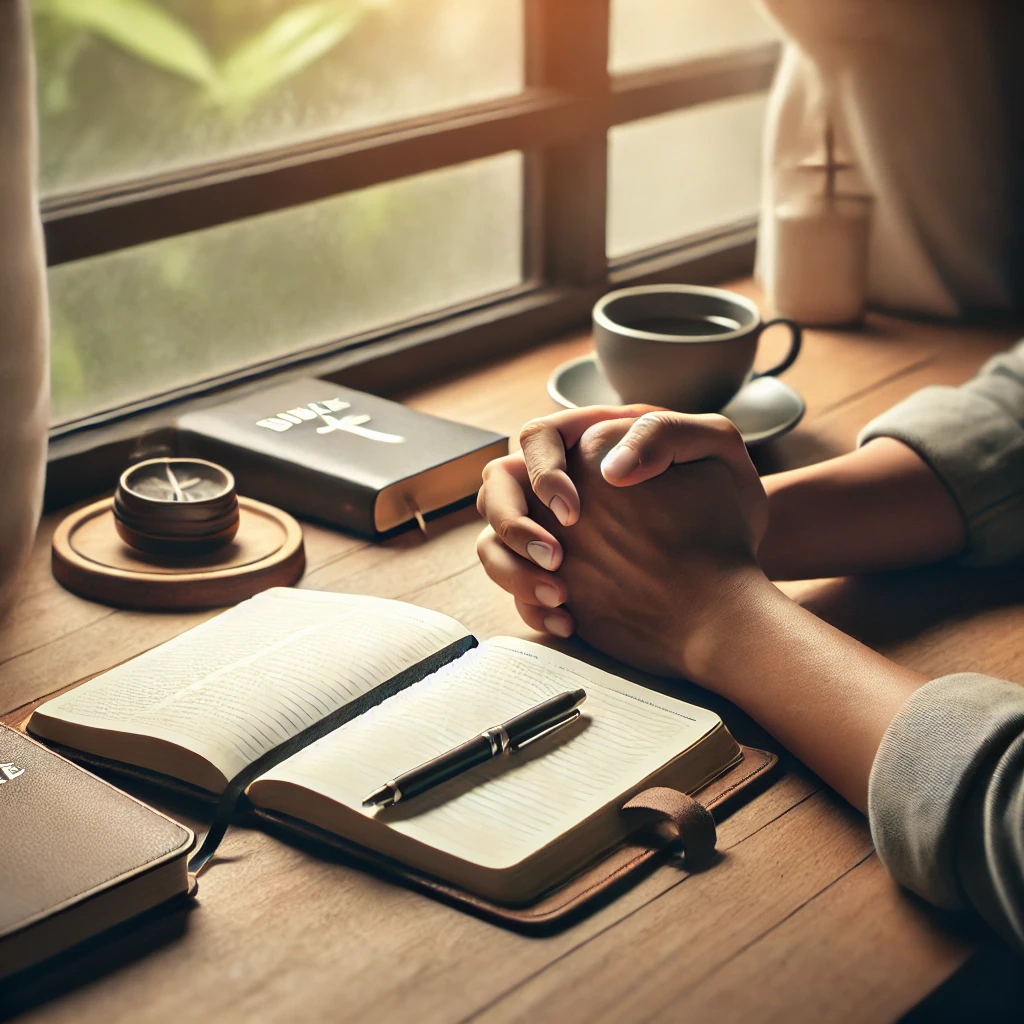A person sitting at a desk in quiet prayer with a notebook open, a Bible, and a cup of coffee nearby, symbolizing devotion, reflection, and spiritual connection while creating a daily prayer routine