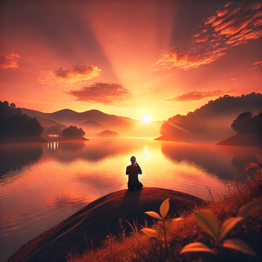 A person kneeling in prayer at sunrise on a hill overlooking a peaceful lake, with warm hues reflecting on the water, symbolizing faith, devotion, and spiritual connection with God.