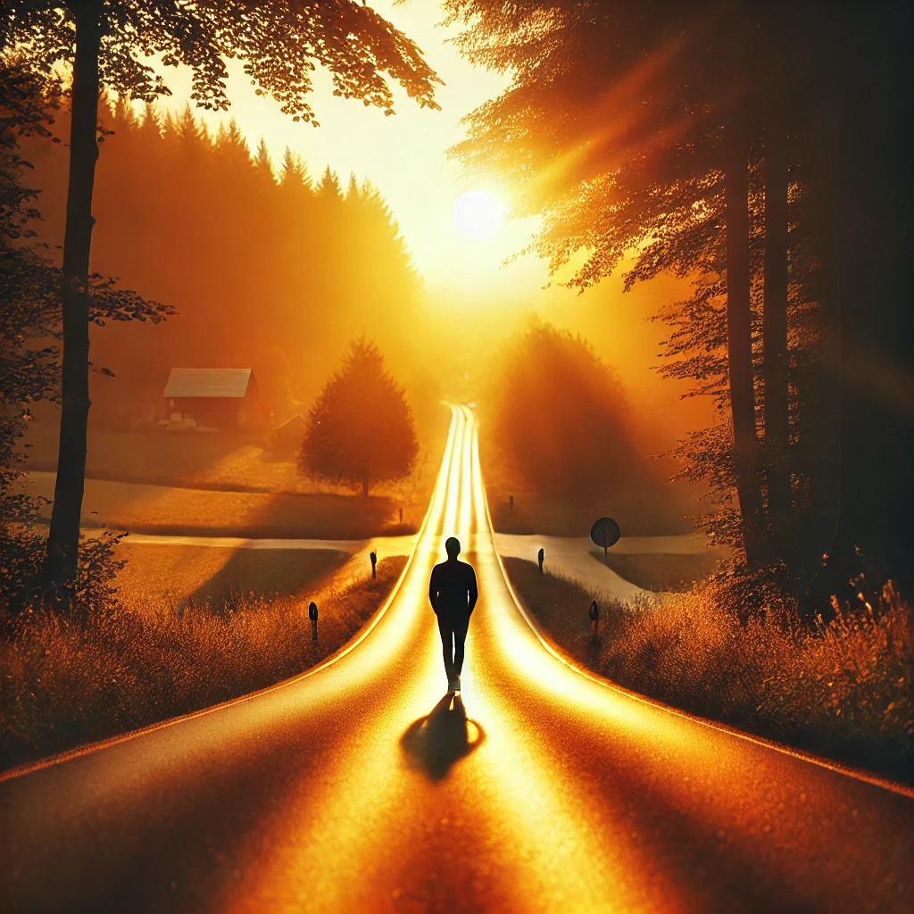 A person walking on a peaceful road at sunset, surrounded by warm golden light, symbolizing a spiritual journey, faith, and divine guidance