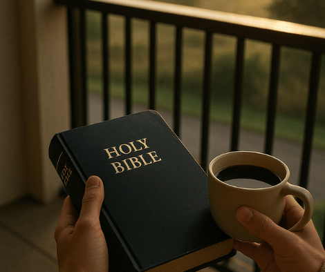 A peaceful early morning scene of someone holding a Bible and a coffee mug on a balcony, symbolizing quiet time with God during morning Christian prayer.