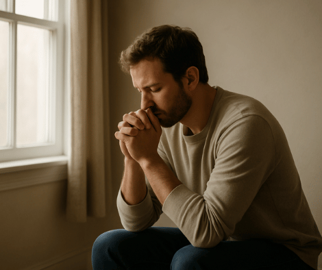 Man praying alone by a window in a quiet room, reflecting during a season of God’s silence