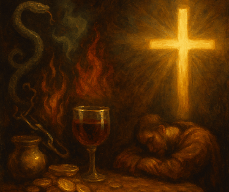 Oil painting of the seven deadly sins with a glowing cross shining light and hope over darkness