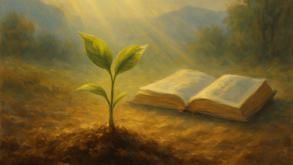 Sapling growing in sunlight beside an open Bible, symbolizing spiritual growth and strength through Scripture.