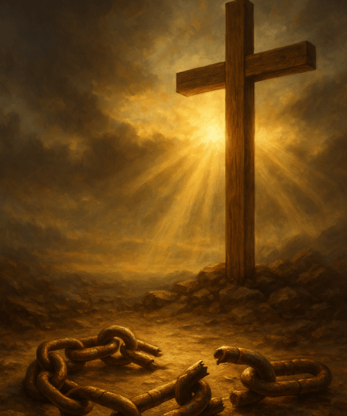 Broken rusted chains lying at the foot of a wooden cross with warm light shining through, symbolizing forgiveness and redemption through Christ's sacrifice.