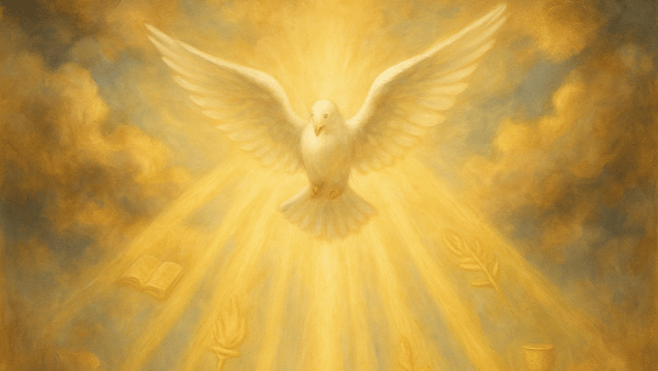 An oil painting-style image of a dove representing the Holy Spirit with seven rays of light symbolizing the gifts of the Spirit