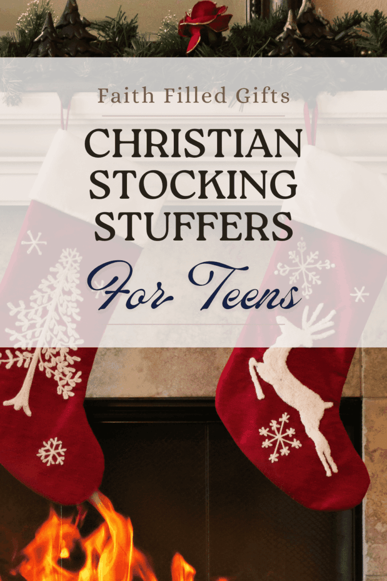 Stocking stuffers for Christian teens with faith-inspired gifts like devotionals, bracelets, bookmarks, and candles arranged in a Christmas flat lay with a red stocking and gold accents.