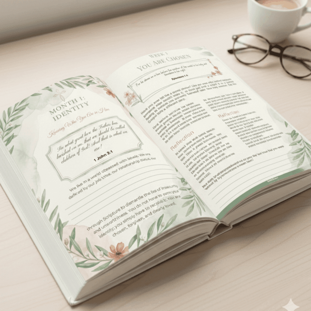 a look inside of the Printable 52-week Christian devotional and guided prayer journal workbook for women.