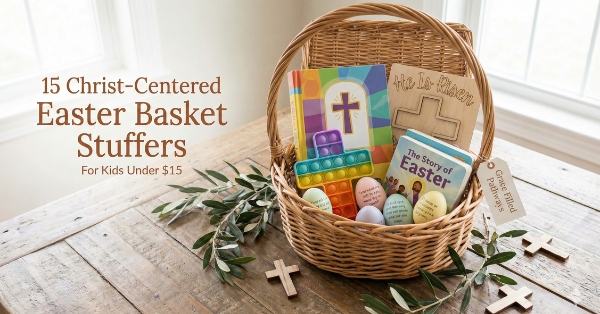 A woven Easter basket on a rustic wooden table filled with Christ-centered Easter basket stuffers for kids, including Bible storybooks, a wooden cross craft, a cross-shaped fidget toy, and scripture eggs.
