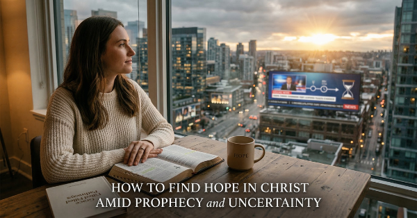 A woman discovering how to find hope in Christ and overcoming end times anxiety during her daily prayer journal time.