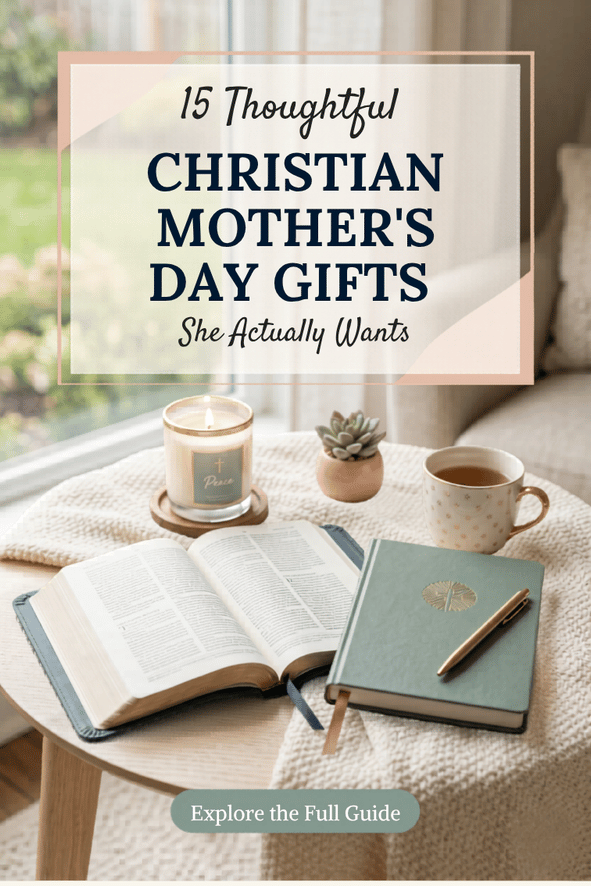 An open Bible, a green devotional journal, a lit candle, and a warm cup of tea arranged on a cozy table, representing thoughtful Christian Mother's Day gifts for a peaceful quiet time.