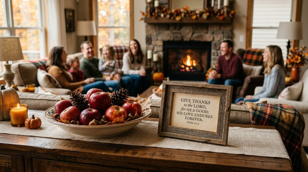A cozy scene featuring a bowl of apples and pinecones next to a framed Bible verse about thanks, with a warm family gathering visible in the background.