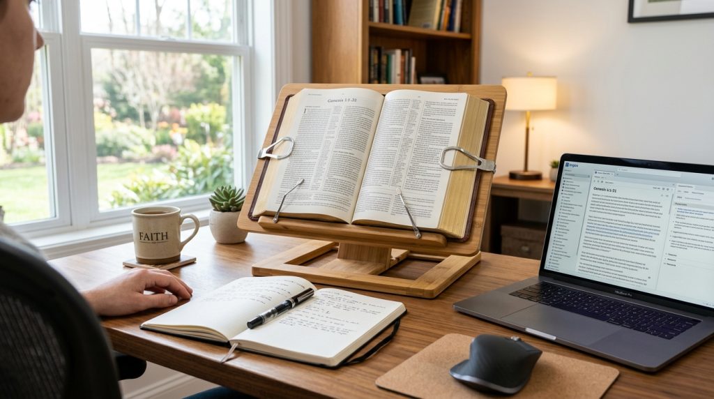 a heavy study Bible on an elegant bamboo stand