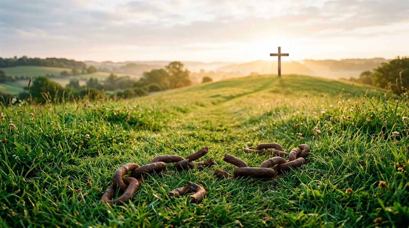 Broken chains on green grass