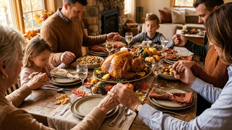 A sunlit Thanksgiving table with autumn decor and a roasted turkey, with hands of multiple generations joined together in a circle of prayer.