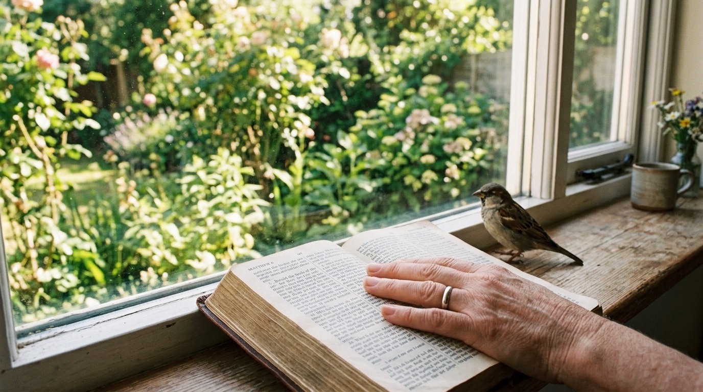 A hand resting on an open Bible on a windowsill with a small sparrow perched nearby, looking out at a sun-drenched garden.