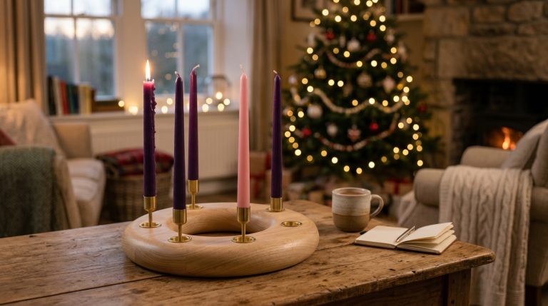 Lit candle on advent wreath