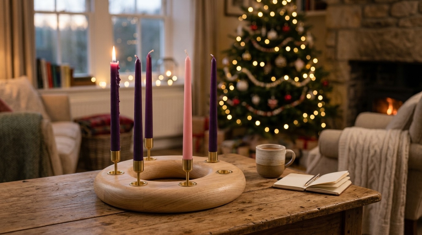 Lit candle on advent wreath
