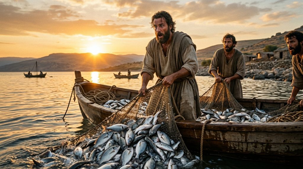 Man pulls fish from a net