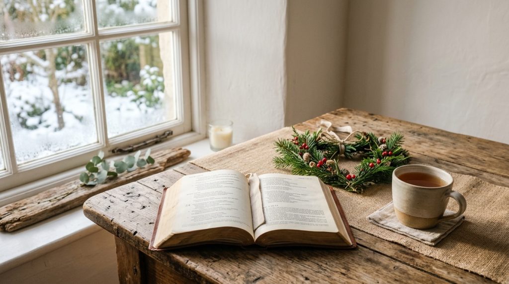 Open Bible and tea on Lit candle on advent wreath