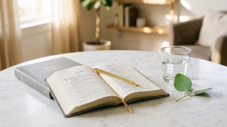A clean, modern Bible open on a bright marble table with a gold bookmark and a fresh green leaf in soft natural light.