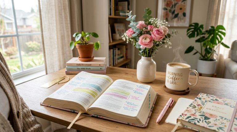 a modern, aesthetically pleasing workspace with an open, annotated Bible,