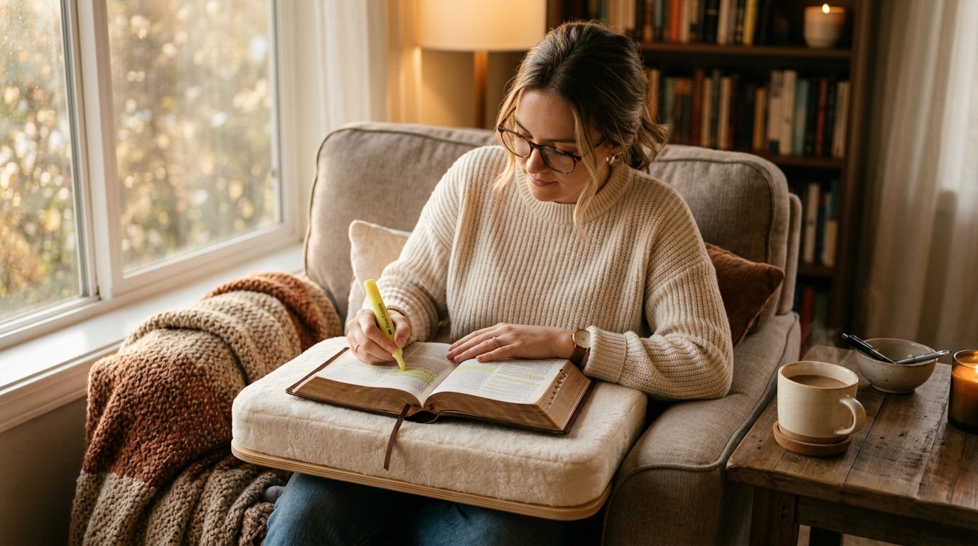 a person using a plush reading cushion in an armchair,