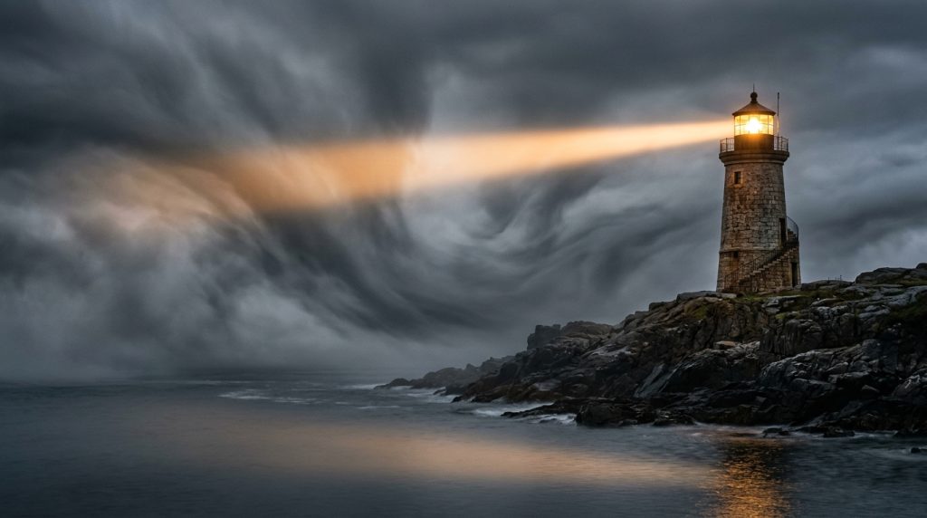Verses for Anxiety and Overthinking A sturdy stone lighthouse on a rocky shore, its warm light cutting through thick, swirling gray mist over calm water.