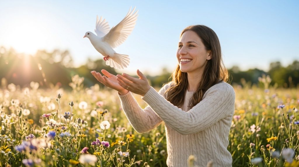 Woman_releasing_dove_in_field