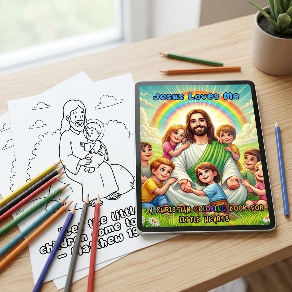 A cheerful scene on a wooden table, showing the colorful cover on a tablet alongside high-quality physical printouts of the black-and-white coloring pages.