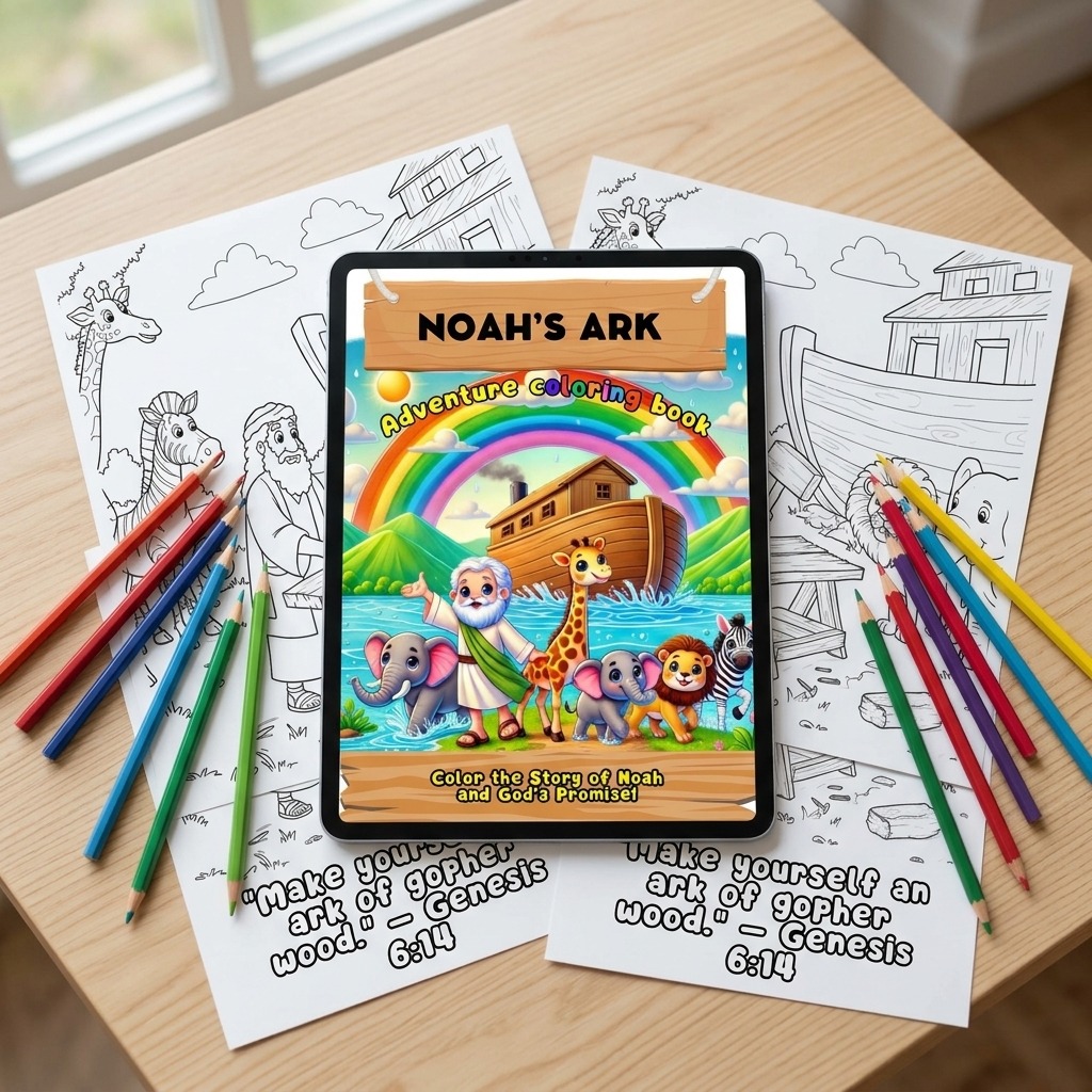 A cheerful scene on a wooden table, showing the colorful cover on a tablet alongside high-quality physical printouts of the black-and-white coloring pages.
