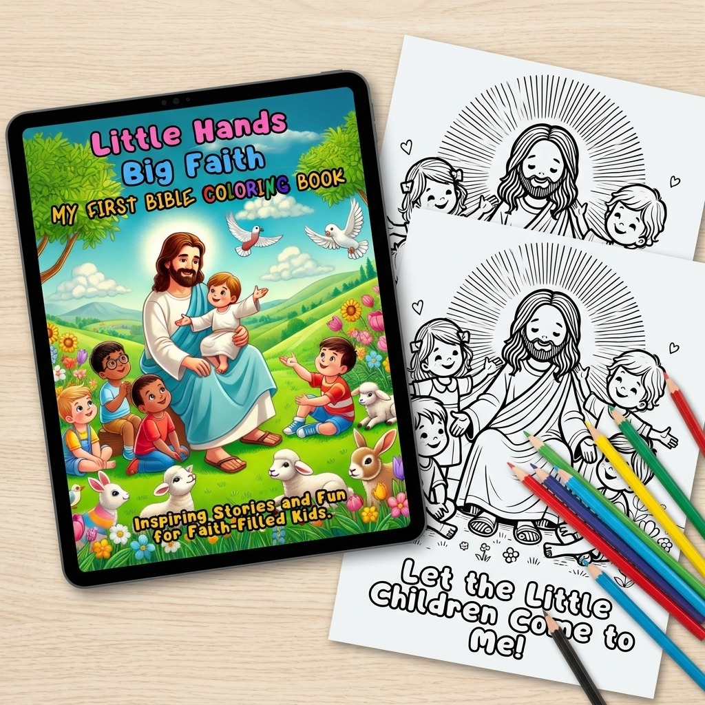 A warm scene on a wooden table, showing the vibrant cover on a tablet alongside high-quality physical printouts of the black-and-white coloring page.