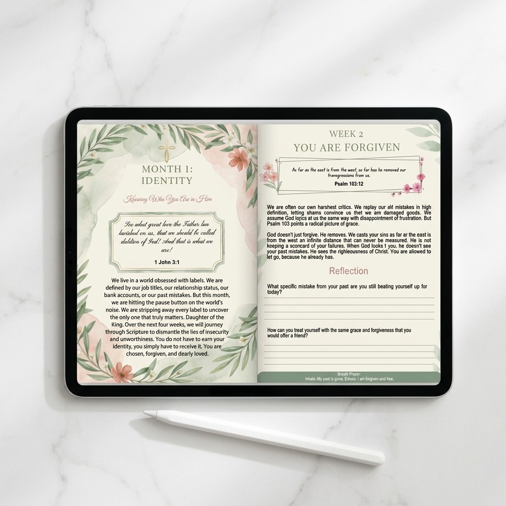 Printable 52-week Christian devotional and guided prayer journal workbook for women.
